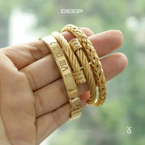 3pcs Set Luxury Roman Number 316L Stainless Steel Cuff Bracelet for Mens