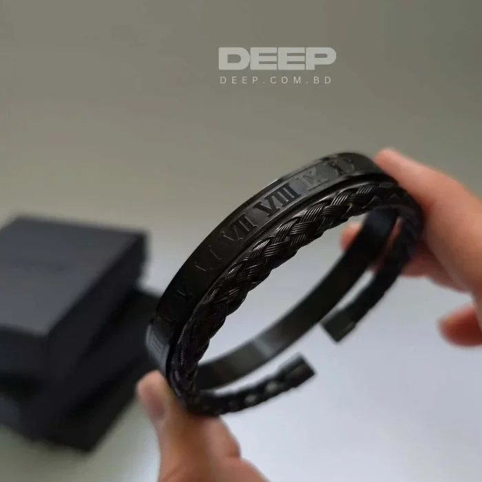 Steel Twisted Wire Cuff And Roman Number Bracelet in Black Color