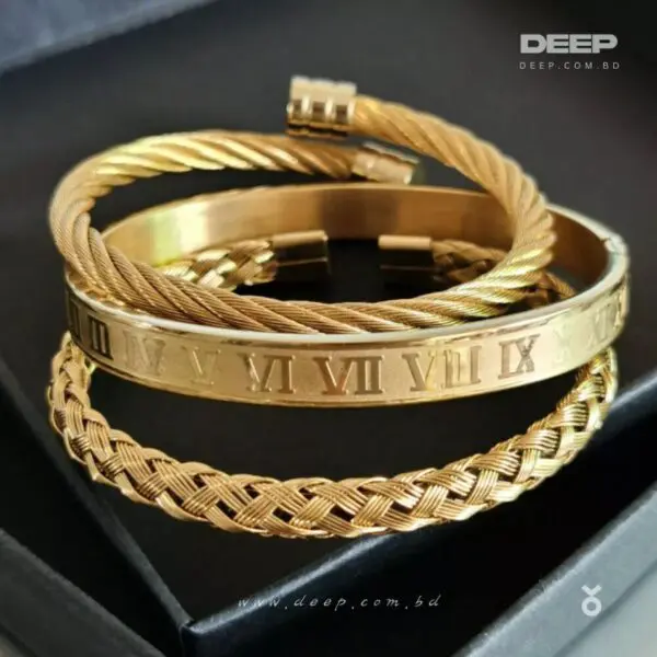 3pcs Set Luxury Roman Number 316L Stainless Steel Cuff Bracelet for Mens