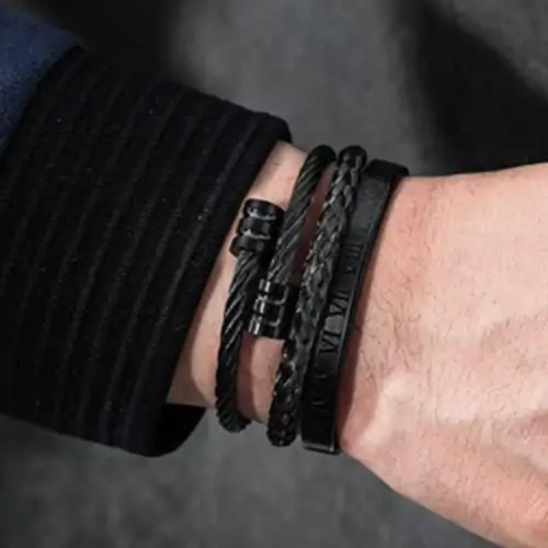 3pcs Black Set Luxury Roman Number 316L Stainless steel Cuff Bracelet for Mens